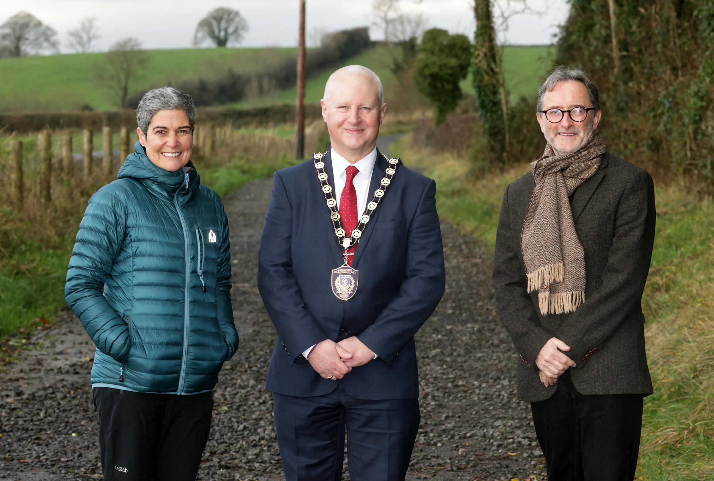 Pictured at the official launch of The Community Trails are from left, Caro-Lynne Ferris, Outdoor Recreation Northern Ireland; Errol Thompson, Chairman of Fermanagh and Omagh District Council and Jim McGreedy, Committee Member National Lottery Heritage