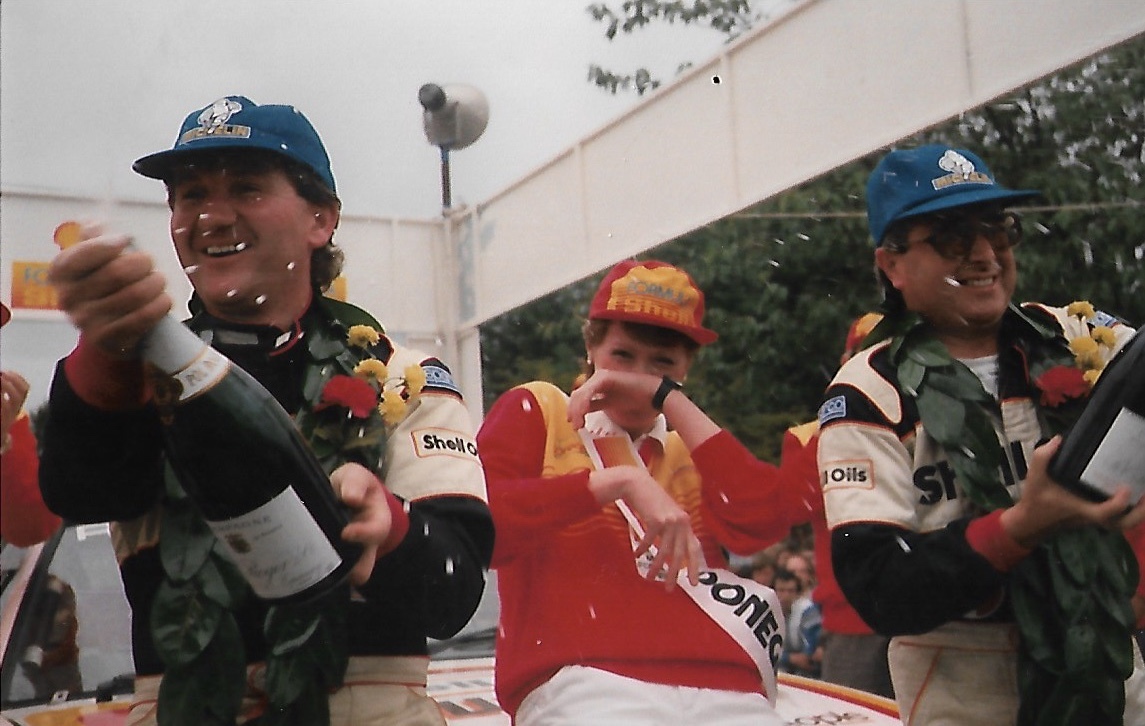 Austin Frazer celebrates with Bertie Fisher following their legendary win at the Donegal International Rally in 1987.