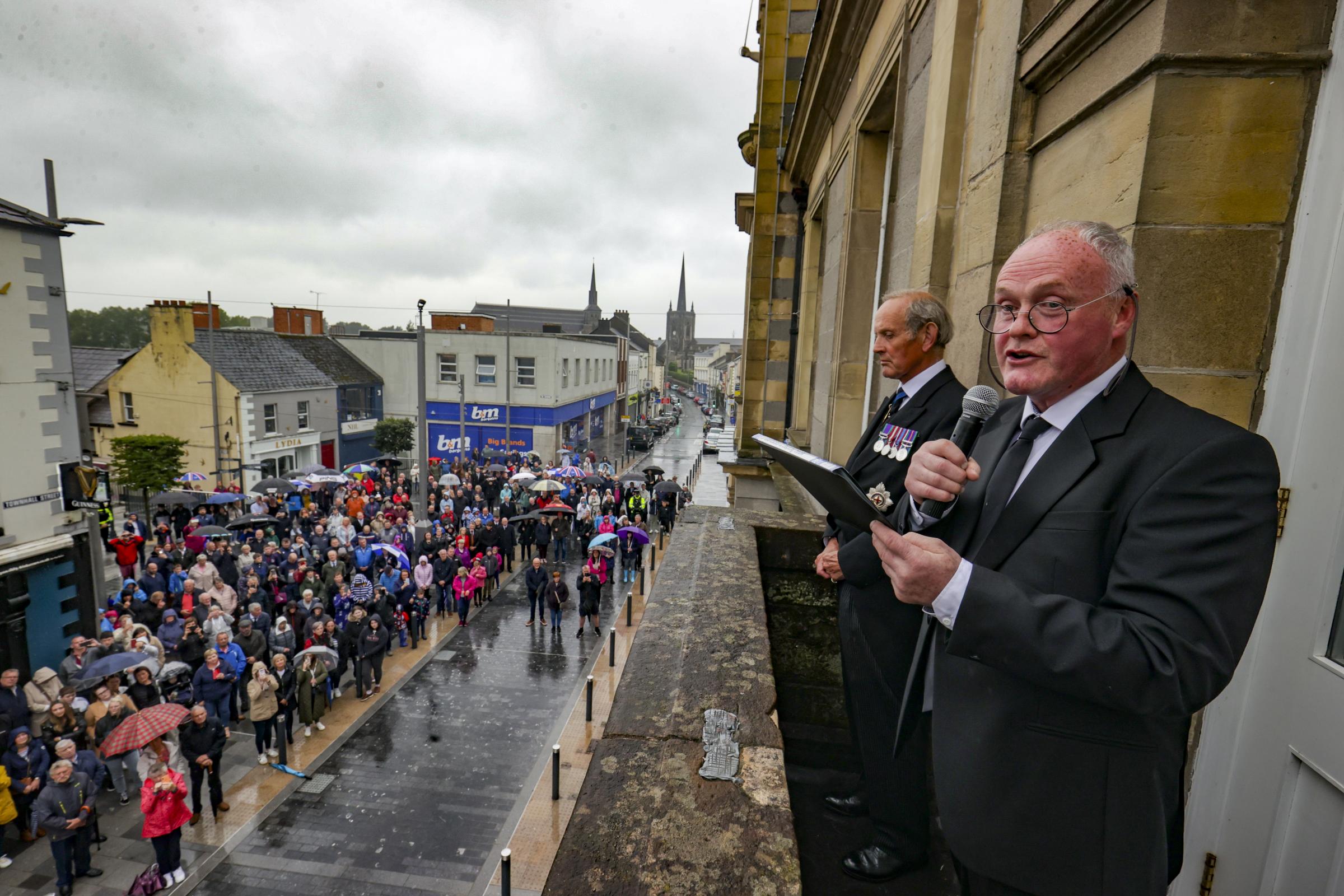 Patrick ODoherty, High Sheriff of Co.Fermanagh, accompained by Lord Brookeborough, as he reads out The Accession Proclamatioin of King Charles III, in Enniskillen Town Centre.